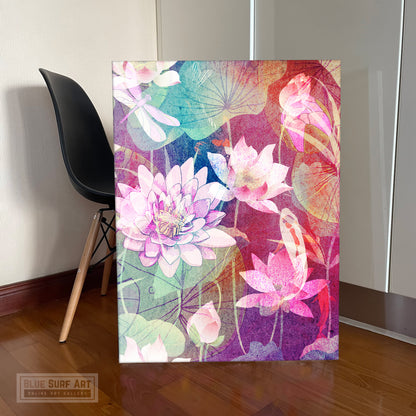 Asian Wall Art, Lotus Pond and Koi Fish Canvas Art Painting II - showcase