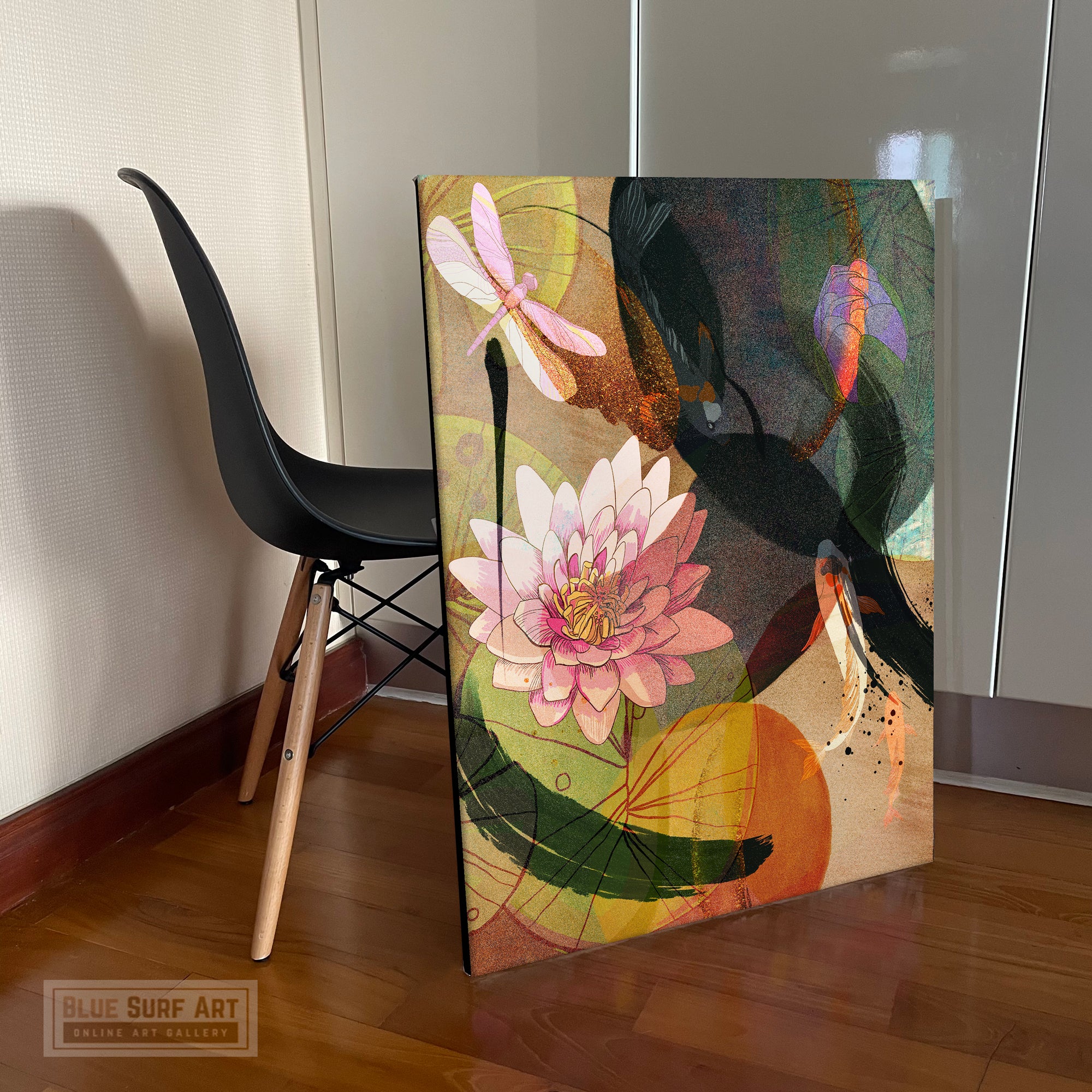 Summer Vibe Asian Wall Art, Lotus Pond and Koi Fish Canvas Art Painting - showcase