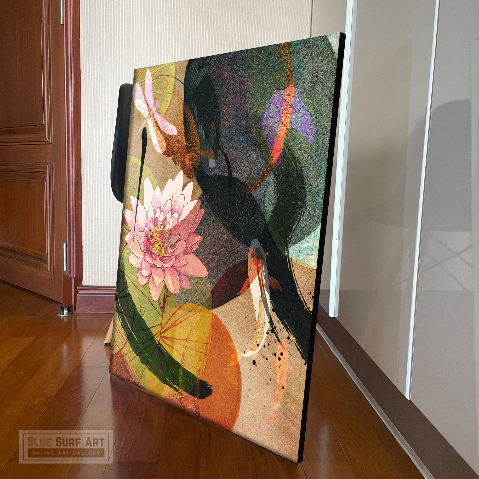 Summer Vibe Asian Wall Art, Lotus Pond and Koi Fish Canvas Art Painting