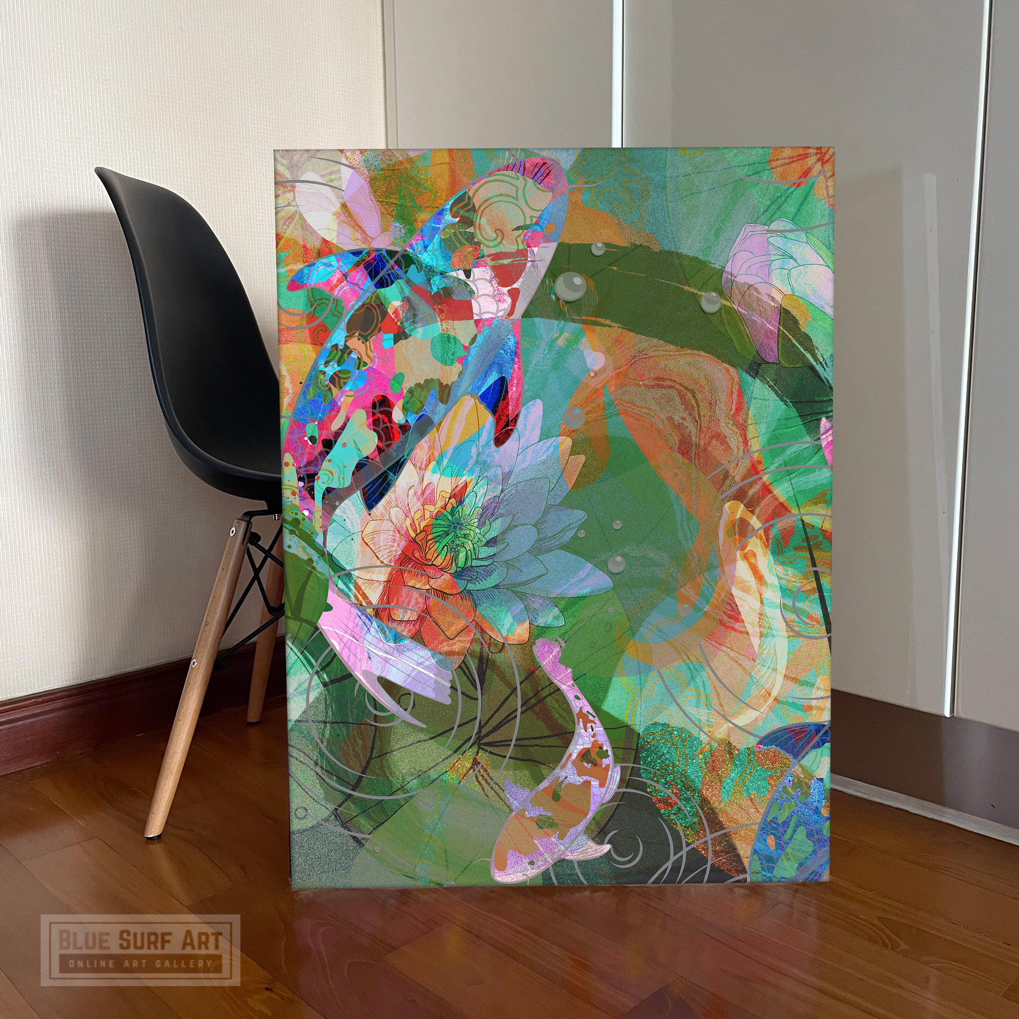 Asian Wall Art, Lotus Pond and Koi Fish Canvas Art Painting III