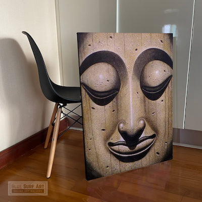 Buddha Portrait Wall Art with Wood Texture - Studio showcase