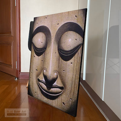 Buddha Portrait Wall Art with Wood Texture - Studio showcase