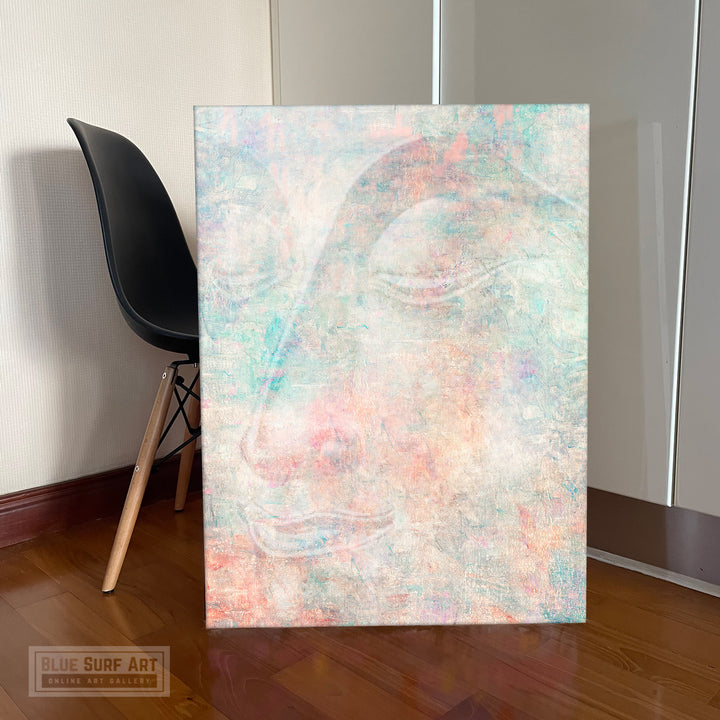 Pastel Mix Green Modern Buddha Side Portrait in Abstract Style Wall Art