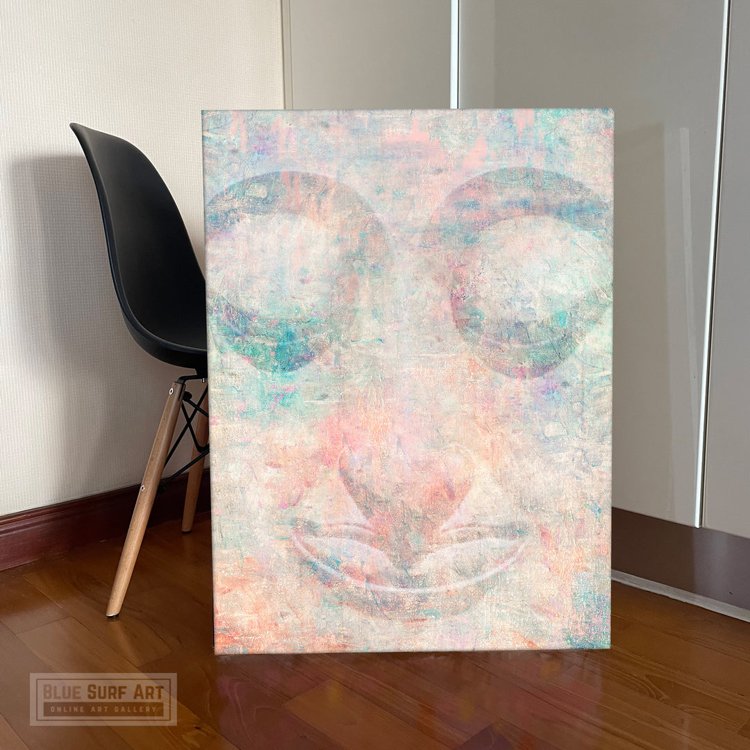 Pastel Mix Green Modern Close Eyes Buddha Portrait in Abstract Style Wall Art
