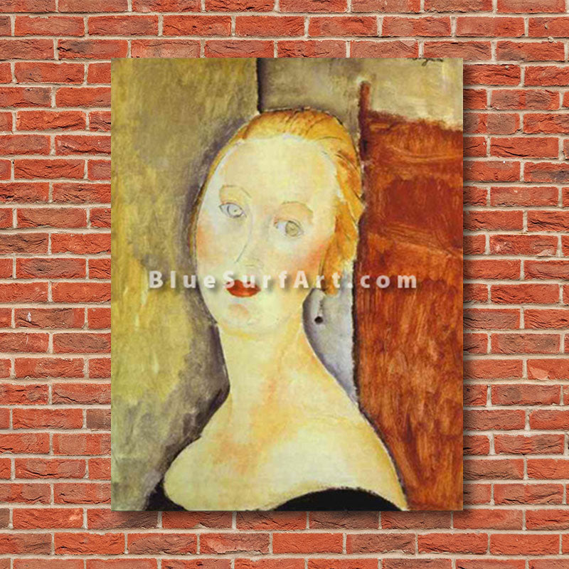 "A Blond Woman. (Portrait of Germaine Survage)" by Amedeo Modigliani reproduction in oil painting on canvas - red bricks showcase
