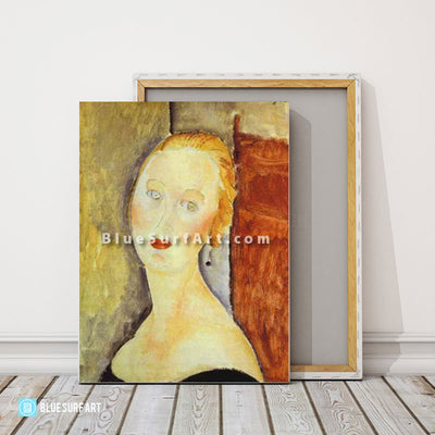 "A Blond Woman. (Portrait of Germaine Survage)" by Amedeo Modigliani reproduction in oil painting on canvas - product showcase