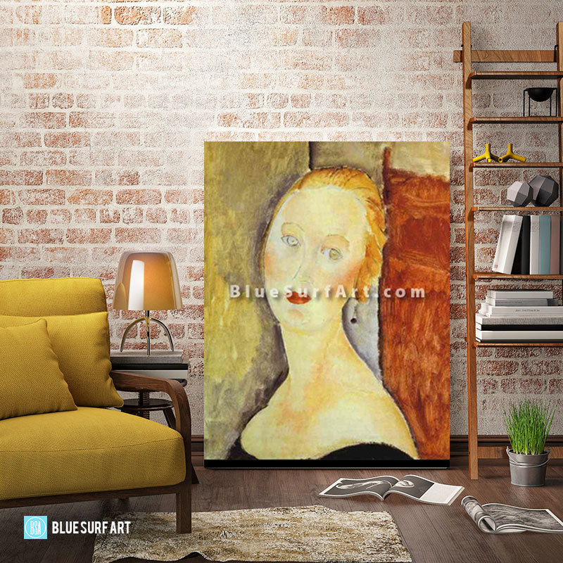 "A Blond Woman. (Portrait of Germaine Survage)" by Amedeo Modigliani reproduction in oil painting on canvas - living room
