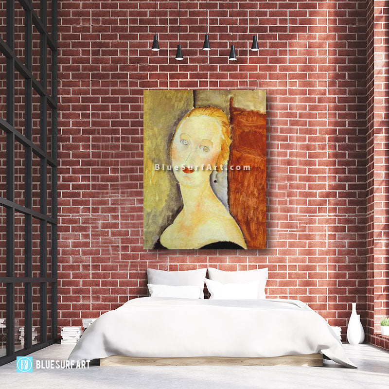 "A Blond Woman. (Portrait of Germaine Survage)" by Amedeo Modigliani reproduction in oil painting on canvas - loft bedroom high ceiling
