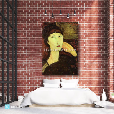 "Adrienne (Woman with Bangs)" by Amedeo Modigliani reproduction, in oil painting on canvas - bedroom loft high ceiling