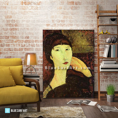 "Adrienne (Woman with Bangs)" by Amedeo Modigliani reproduction, in oil painting on canvas - living room