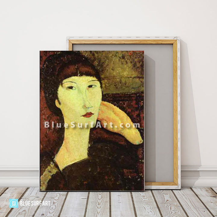 "Adrienne (Woman with Bangs)" by Amedeo Modigliani reproduction, in oil painting on canvas - product showcase