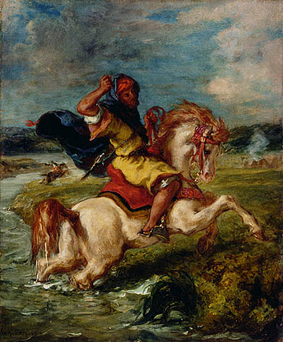 Moroccan Horseman Crossing a Ford by Eugène Delacroix Reproduction Painting by Blue Surf Art