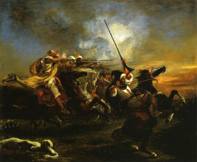 Moroccan horsemen in military action by Eugène Delacroix Reproduction Painting by Blue Surf Art