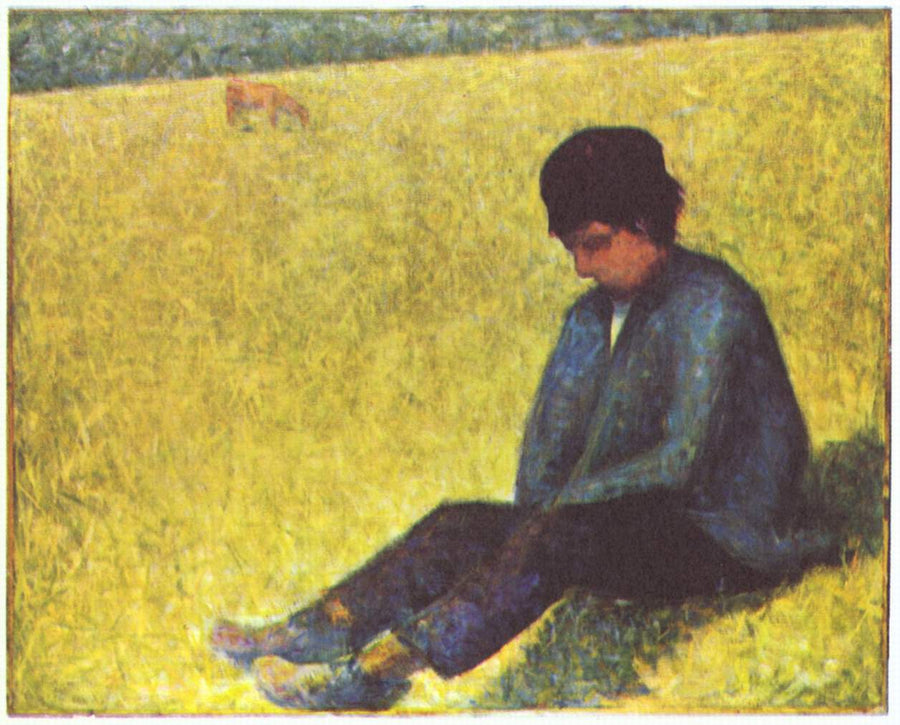 Peasant boy sitting in a meadow by Georges Seurat Reproduction Painting by Blue Surf Art