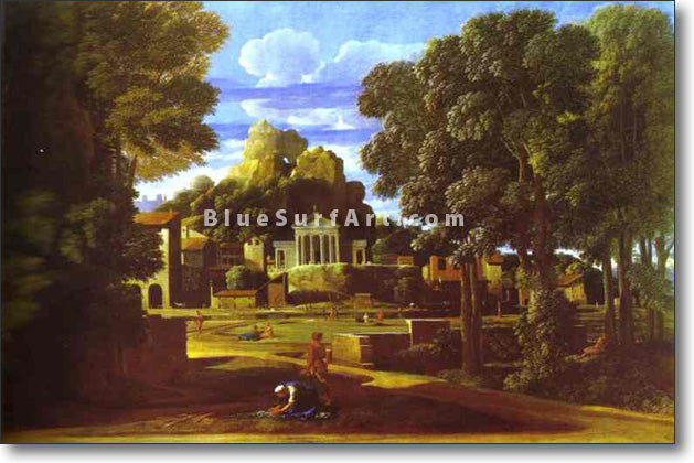Landscape with the Cinders of Phocion by Nicolas Poussin. Reproduction by Blue Surf Art