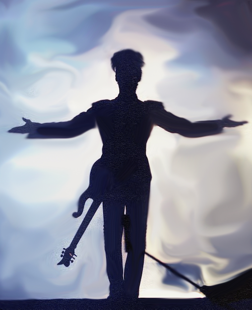 Prince on stage, Blue background