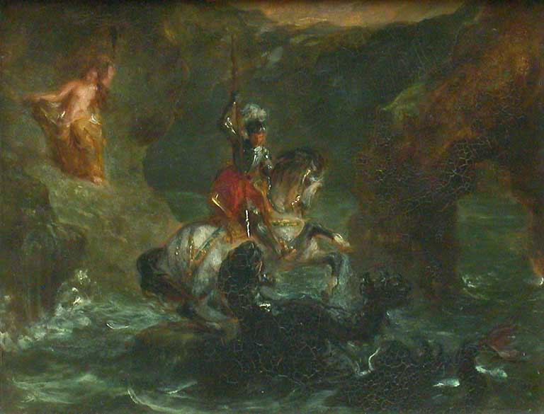 Saint George Fighting the Dragon, Perseus Delivering Andromeda by Eugène Delacroix Reproduction Painting by Blue Surf Art