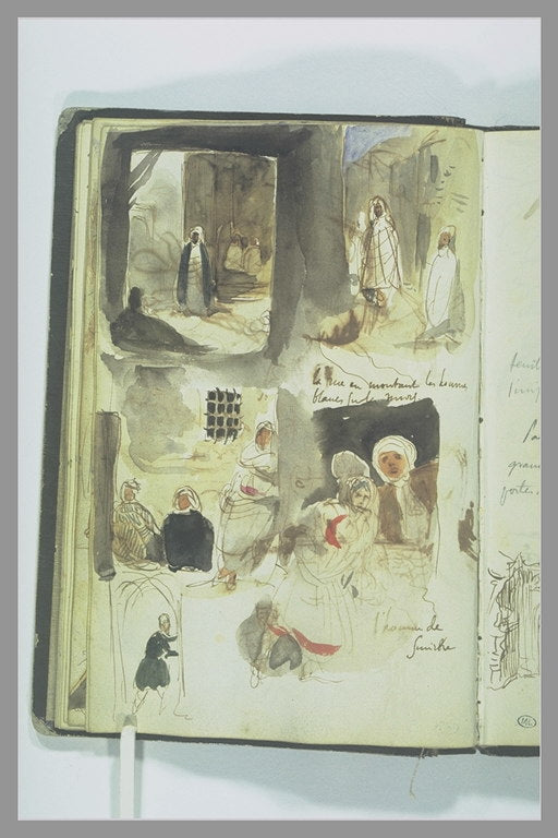 Streets and shops with characters, handwritten notes by Eugène Delacroix Reproduction Painting by Blue Surf Art