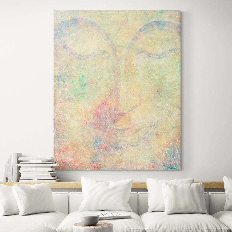 Pastel Mix Green Modern Close Eyes Buddha Portrait in Abstract Style Wall Art - Living room