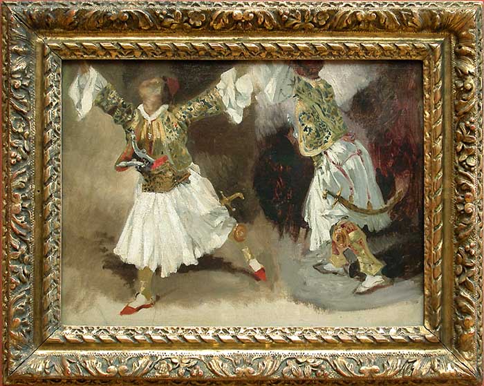 Two Greek warriors dancing (Study costumes Souliotes) by Eugène Delacroix Reproduction Painting by Blue Surf Art