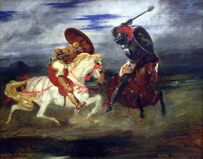 Two Knights Fighting in a Landscape by Eugène Delacroix Reproduction Painting by Blue Surf Art