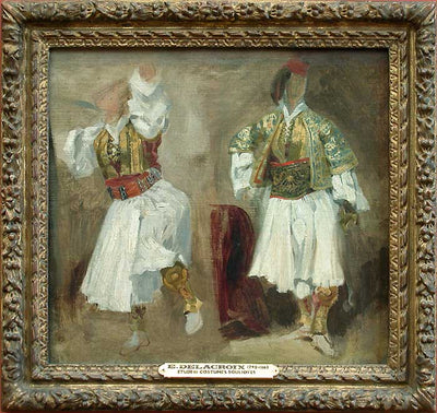 Two Views of costumes Souliotes by Eugène Delacroix Reproduction Painting by Blue Surf Art