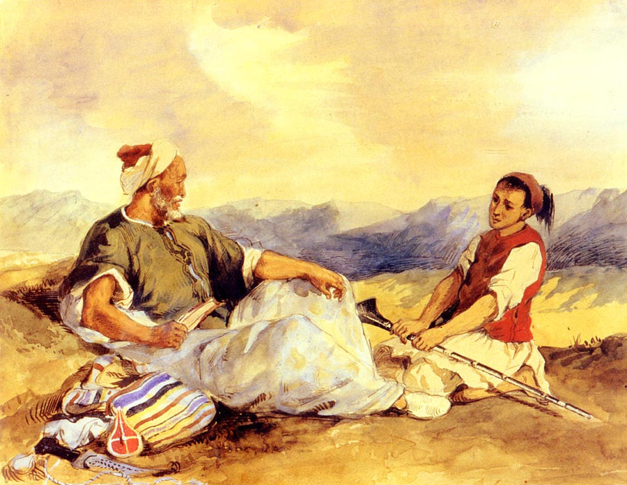 Two Moroccans Seated In The Countryside by Eugène Delacroix Reproduction Painting by Blue Surf Art
