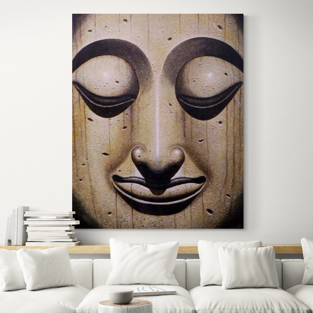 Buddha Portrait Wall Art with Wood Texture - Living room