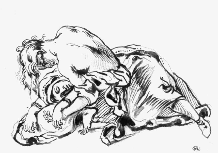 Yound Woman Leaning over a Woman Stretched out on the Ground by Eugène Delacroix Reproduction Painting by Blue Surf Art